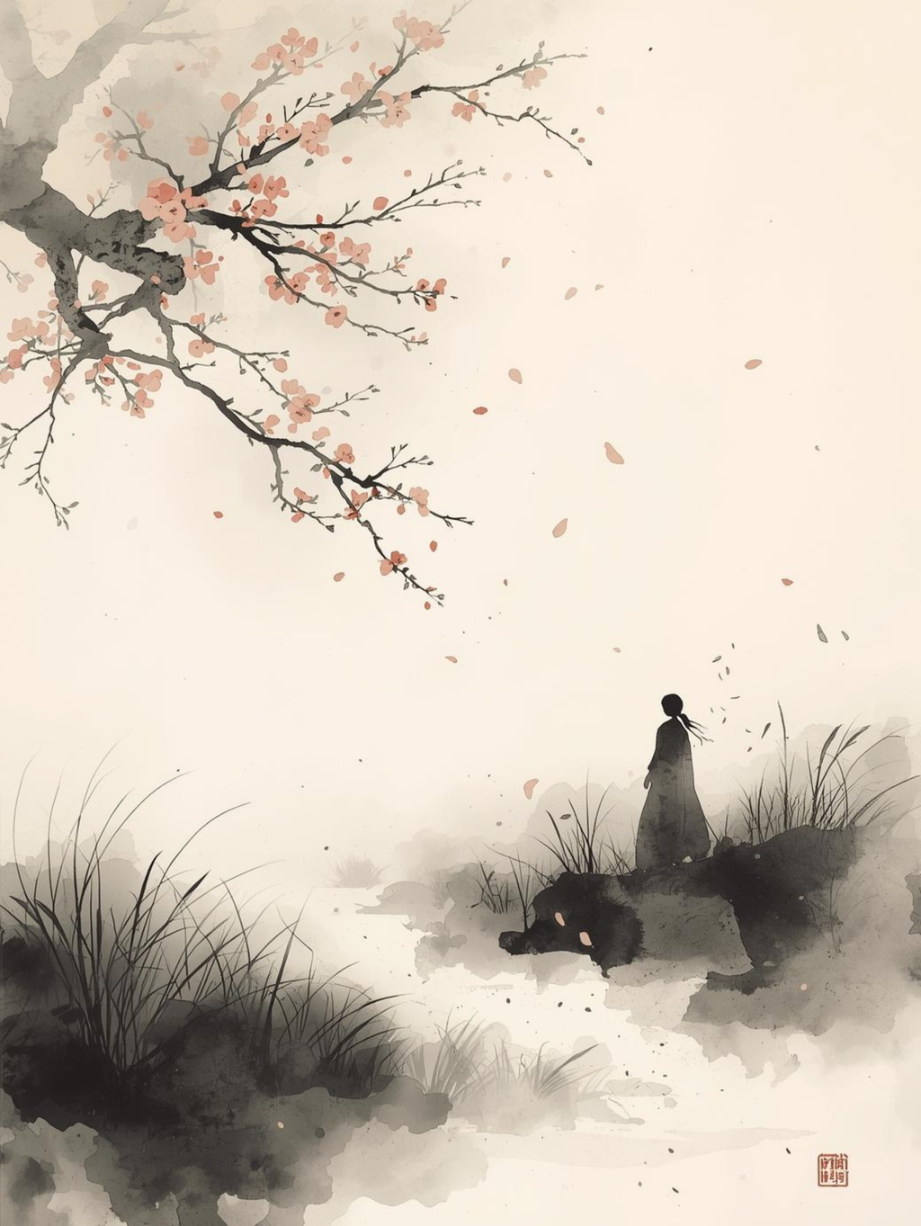 Japanese illustration - Digital download - Wall decoration - Asian zen landscape poster - Spring floral illustration - Sakura illustration