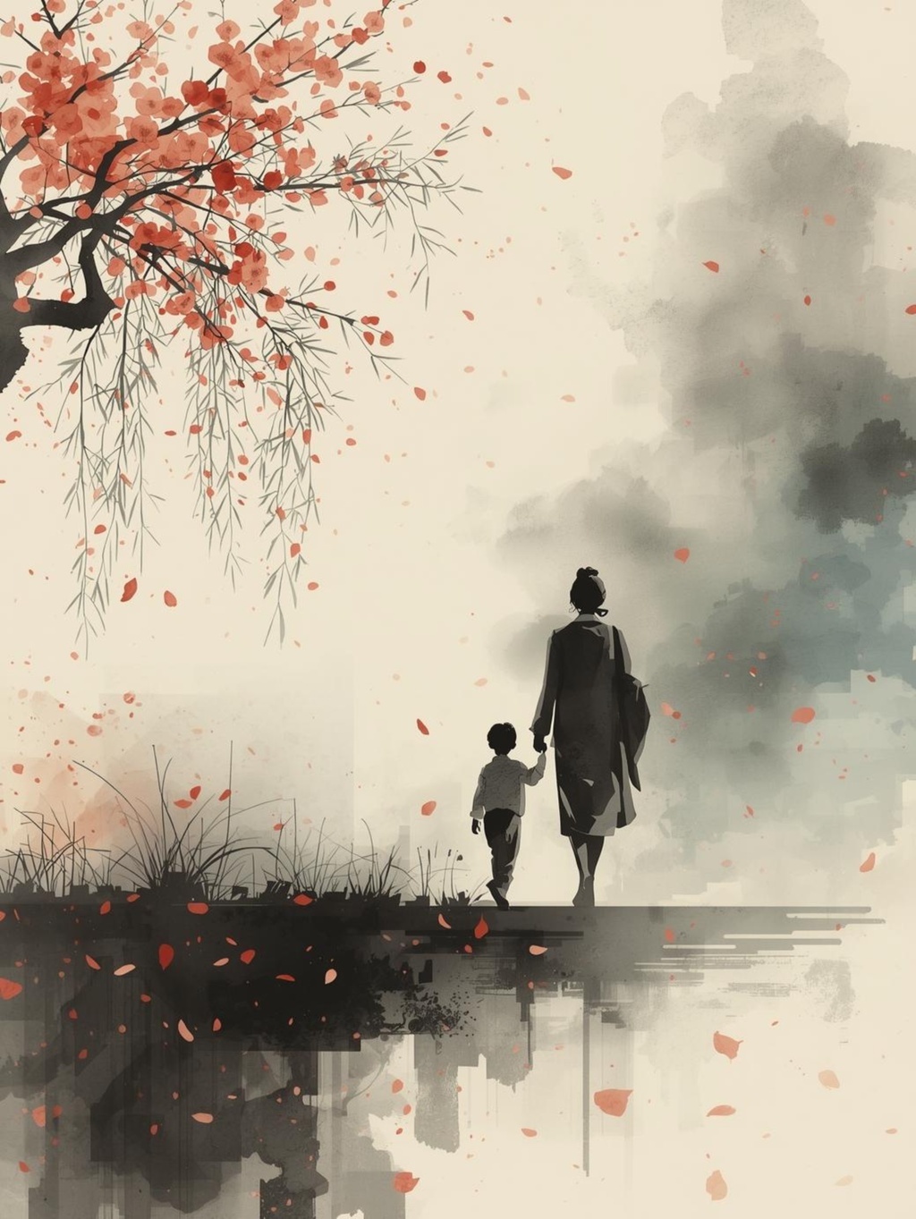 Japanese illustration - Digital download - Wall decoration - Asian zen landscape poster - Spring floral illustration - Sakura illustration