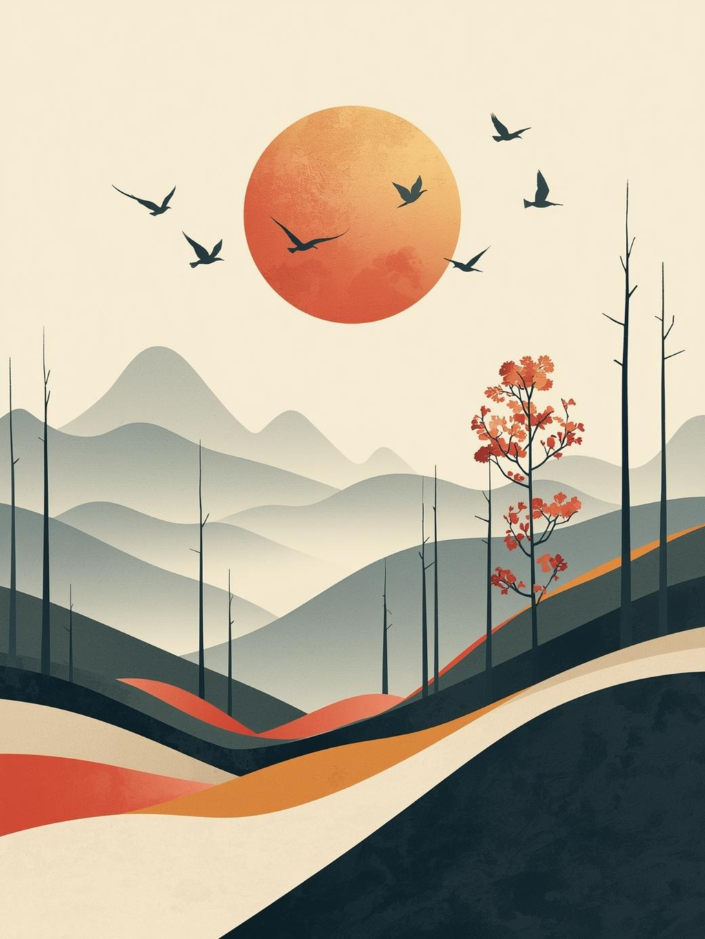 Japanese illustration - Digital download - Wall decoration - Asian zen landscape poster - Spring floral illustration - Sakura illustration